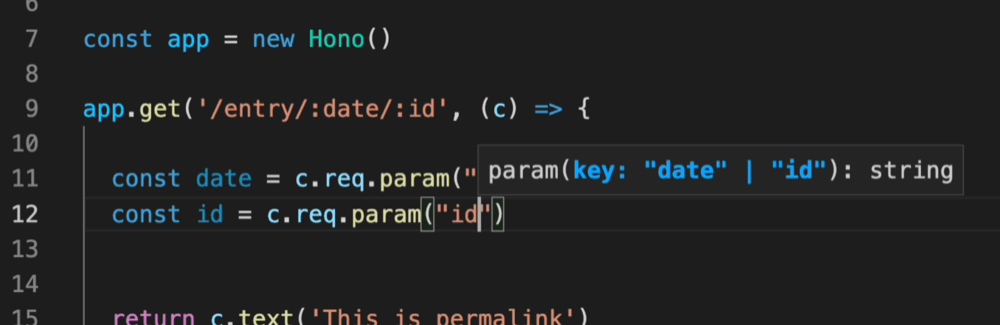 一张展示 Hono 在 URL 参数时拥有正确字面量类型的截图。URL "/entry/:date/:id" 允许请求参数为 "date" 或 "id"